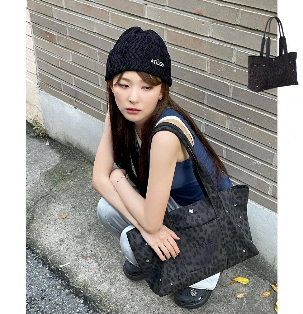 1496韩国小众设计大号托特包豹纹横版帆布单肩包大容量设计师