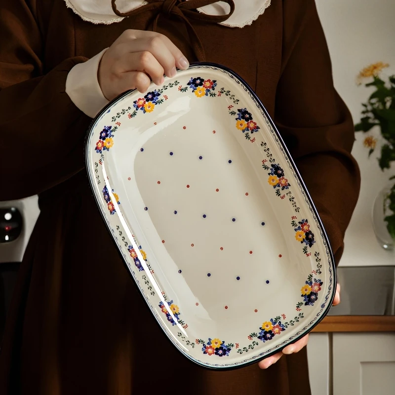3港风家用复古格罗菲尔叠叠盘12英寸长鱼盘高温瓷釉下彩餐具