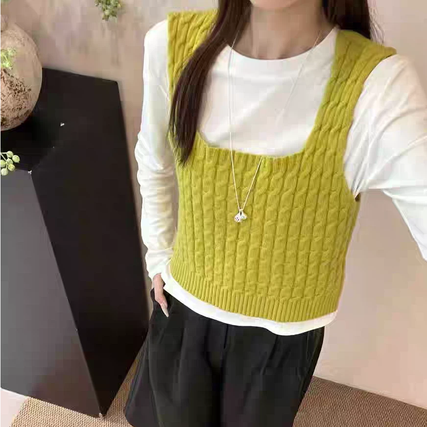 【静姐家】383撞色麻花针织马甲+长袖T恤两件套2025新款女百搭上衣