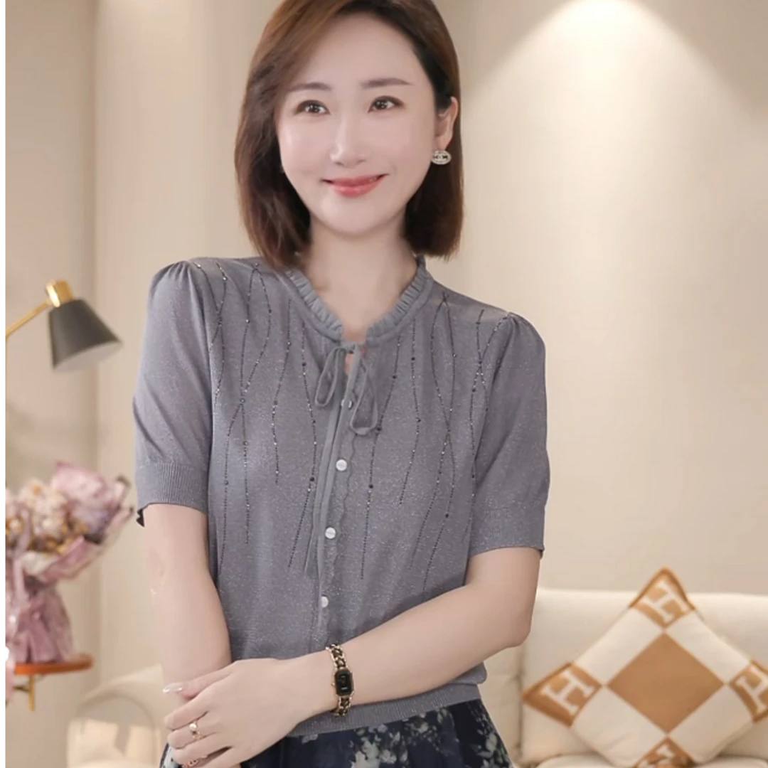 【双姐】荷叶边蝴蝶结系带烫钻短袖针织衫套头上衣中年女妈妈装1013