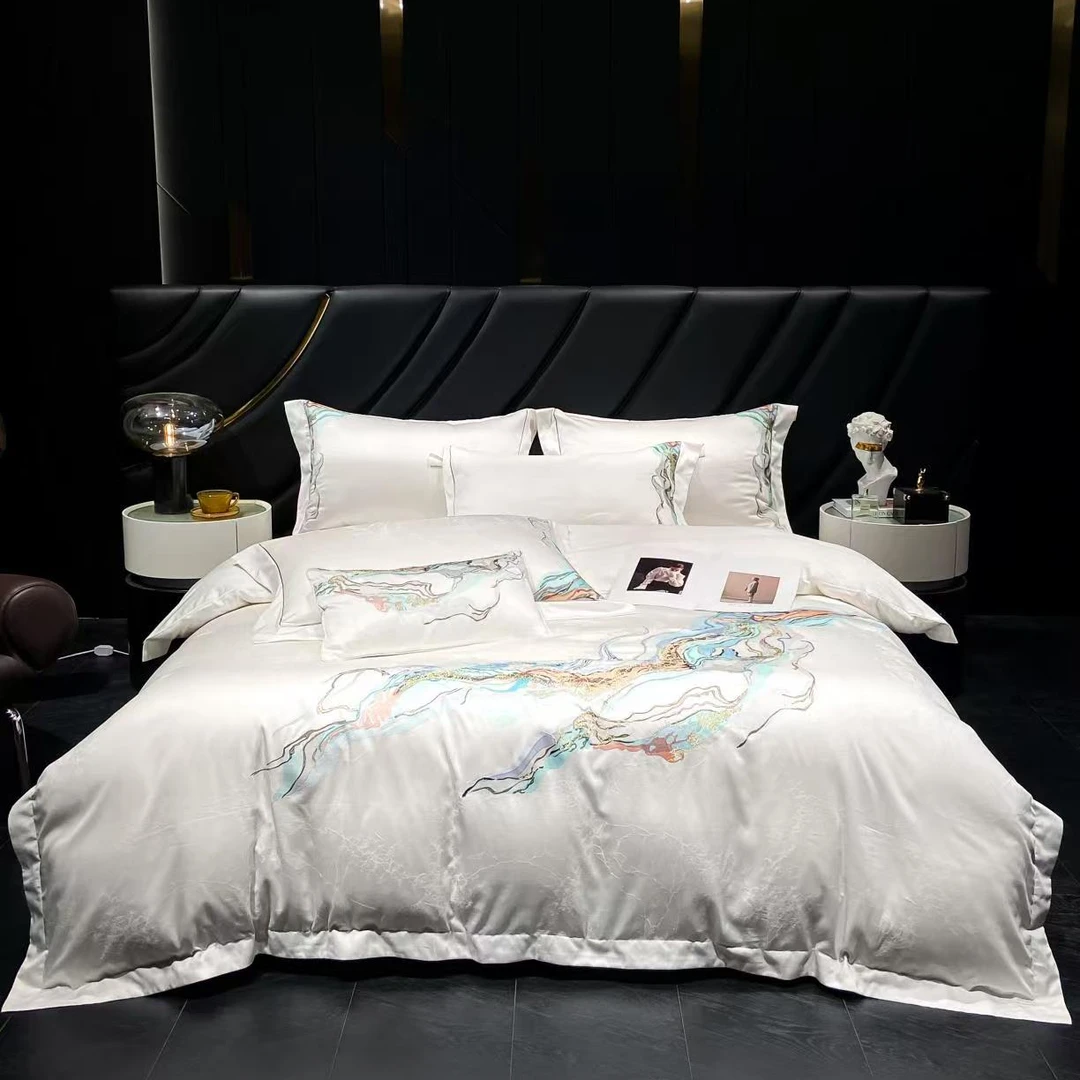 【专柜清仓】专柜尾单超精密长绒棉刺绣四件套-科瑞尔/珍珠白