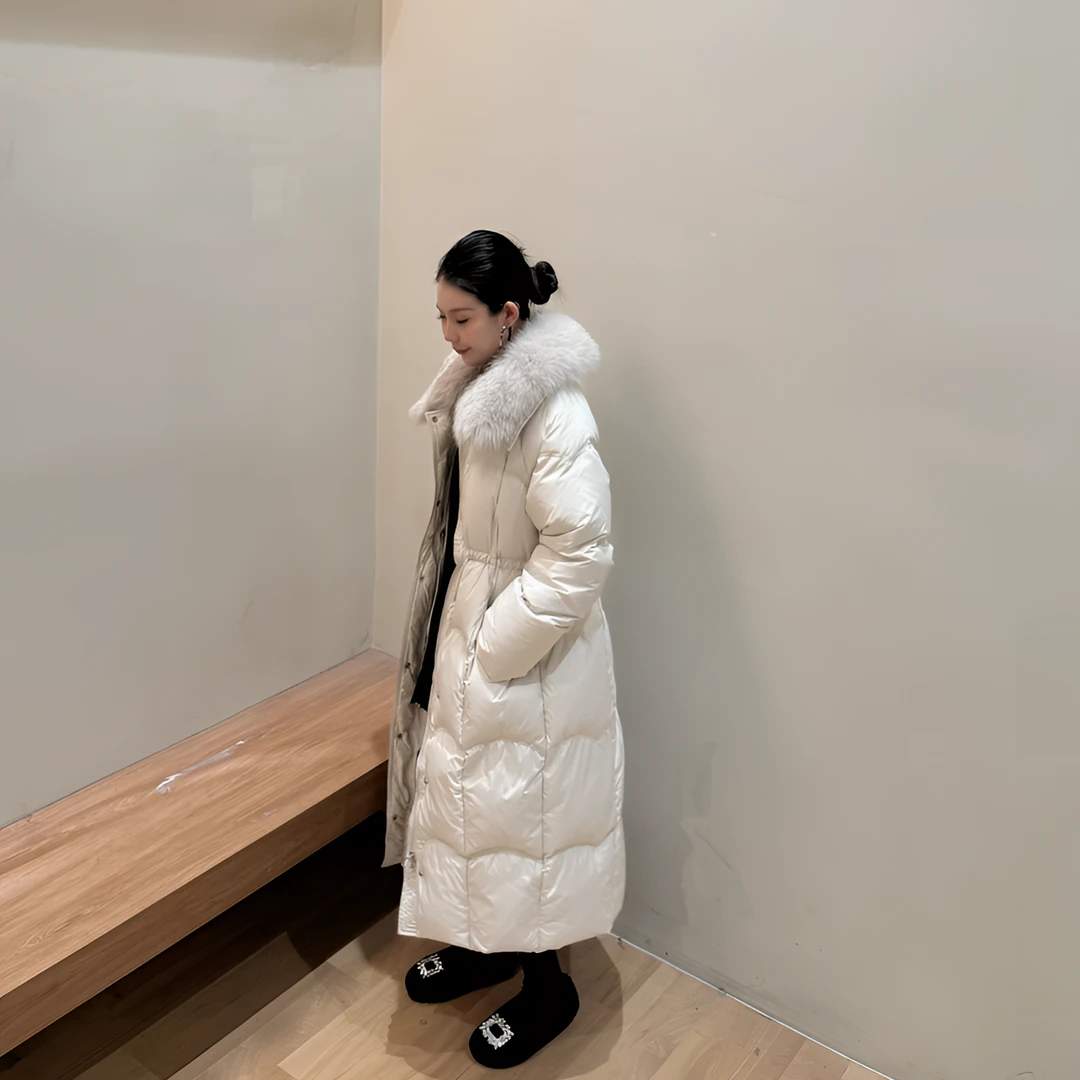 冬季韩系设计感毛领高级感长款抽绳收腰羽绒服
