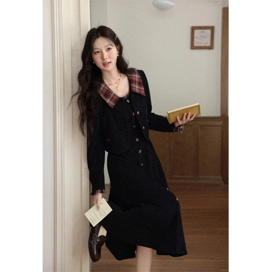 【两件套】法式黑色无袖背心连衣裙女秋新款高级感吊带裙套装QY0056