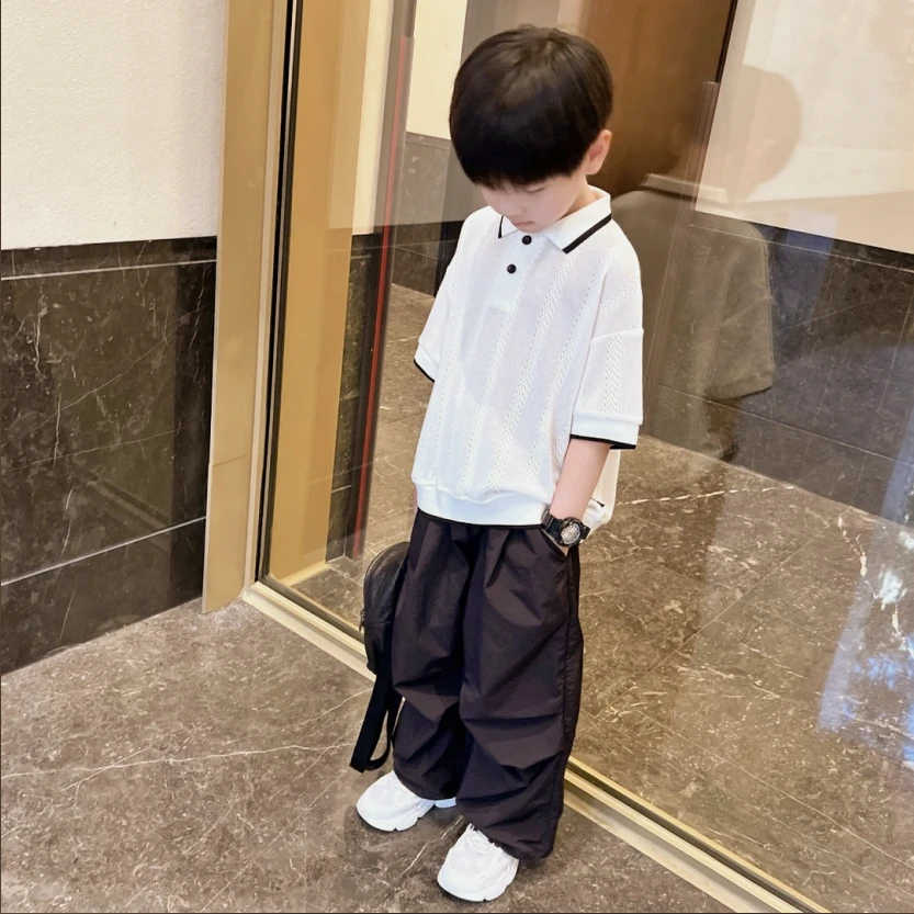 亲子夏季镂空针织短袖透气吸汗纯色POLO领休闲帅气上衣薄款