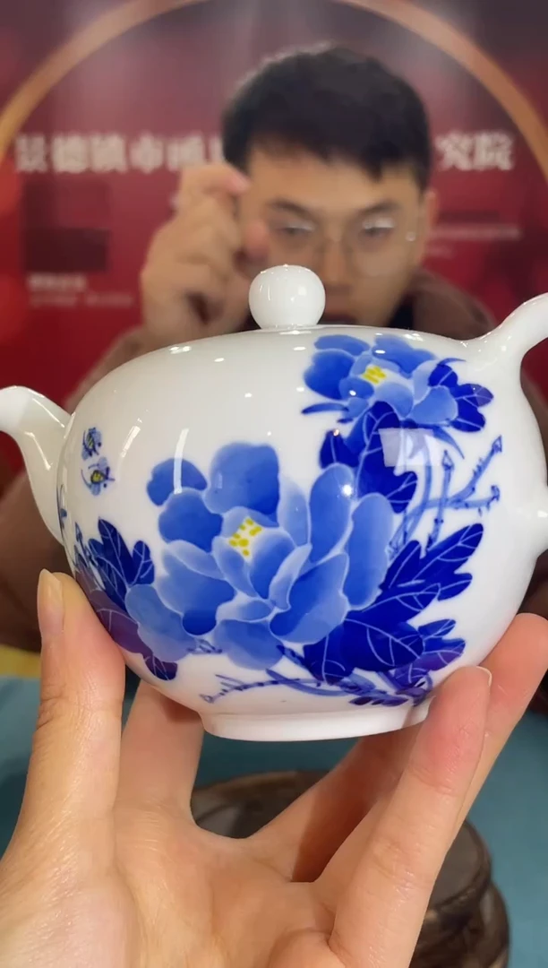 瓷005函夏非遗福利手绘青花牡丹茶壶