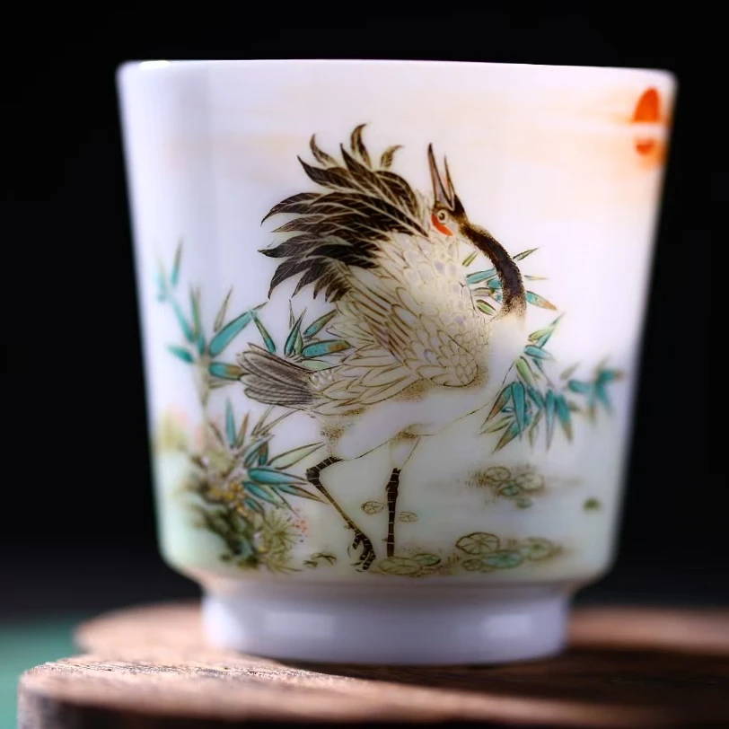 熊友根窑粉彩竹鹤直筒杯高档家用陶瓷纯手工主人杯手绘描金珐琅彩