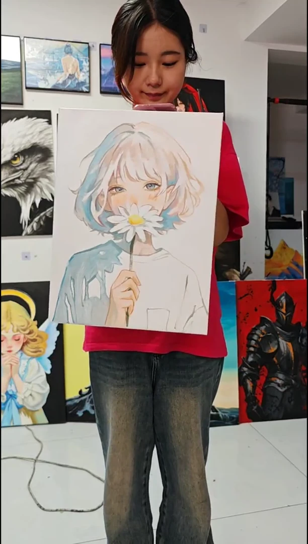 丙烯画新*！小花女孩丙烯画h