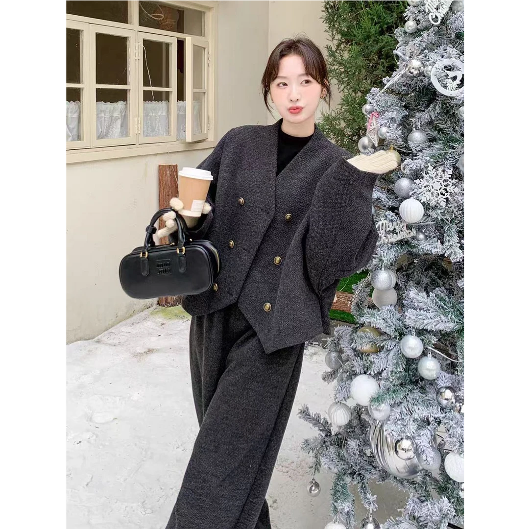 老钱风毛呢套装女V领羽绒服内胆外套阔腿裤两件套R054(ZZ)