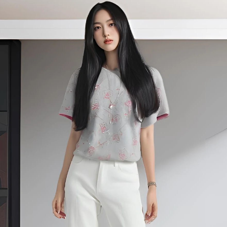 夏季新款圆领短袖撞色玫瑰设计感小衫遮肉显瘦百搭上衣