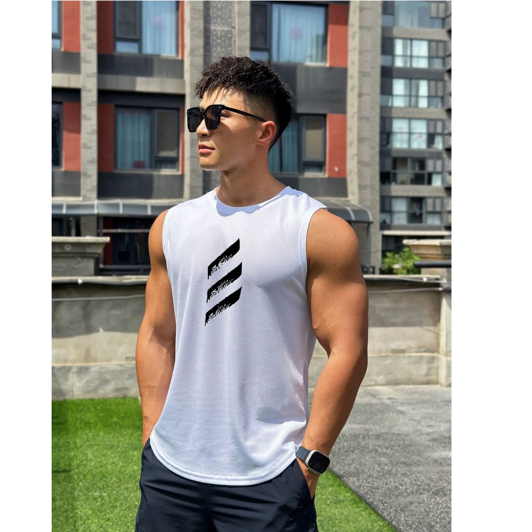 休闲夏季男士时尚印花圆领网眼速干打底衫运动休闲上衣无袖背心男