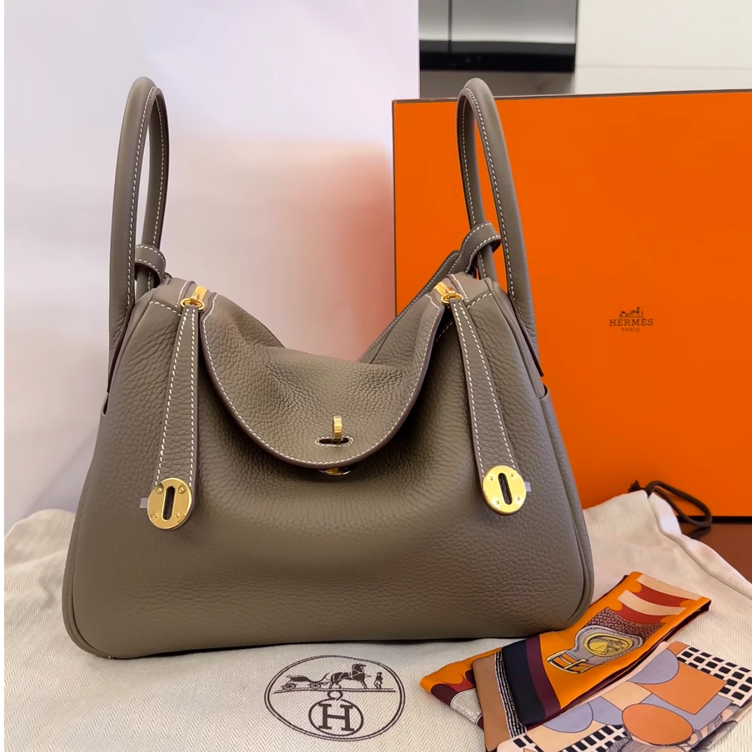 99新 Hermes/爱马仕 爱马仕lindy30大象灰金扣tc皮C单肩包9329004