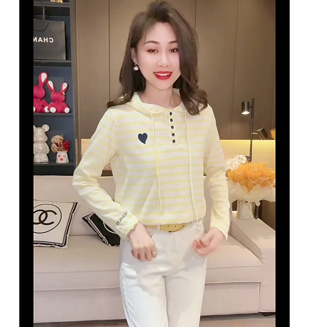 欧韩条纹连帽刺绣显瘦T恤衫时尚洋上衣短袖爆款气质遮肉打底长袖