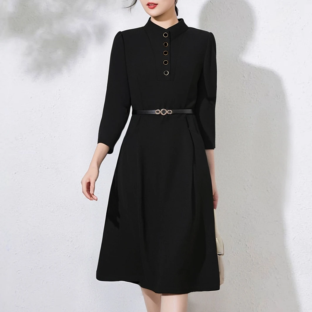 Y1058【送腰带】黑色系腰带长袖连衣裙收腰显瘦春装新款时尚气质裙