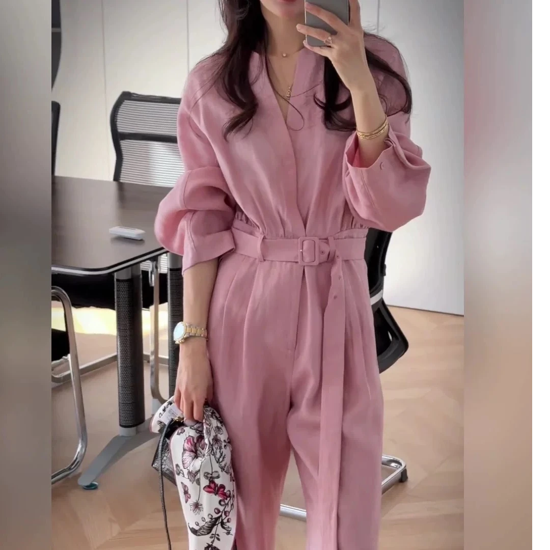 网红气质时尚轻奢显瘦轻奢长袖高腰阔腿连衣裤宽松韩版洋气连体裤