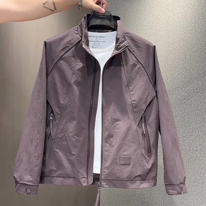 2025早秋新款男士时尚简约立领休闲夹克明线拼接拉链口袋工装外套