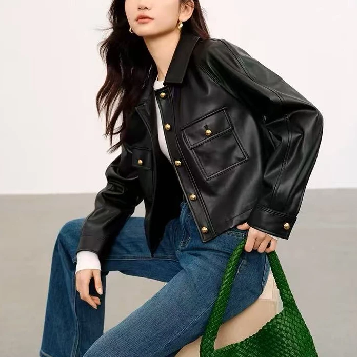 GEYAO25春款新款时尚显瘦洋气百搭短款休闲修身皮衣女ZB25C521