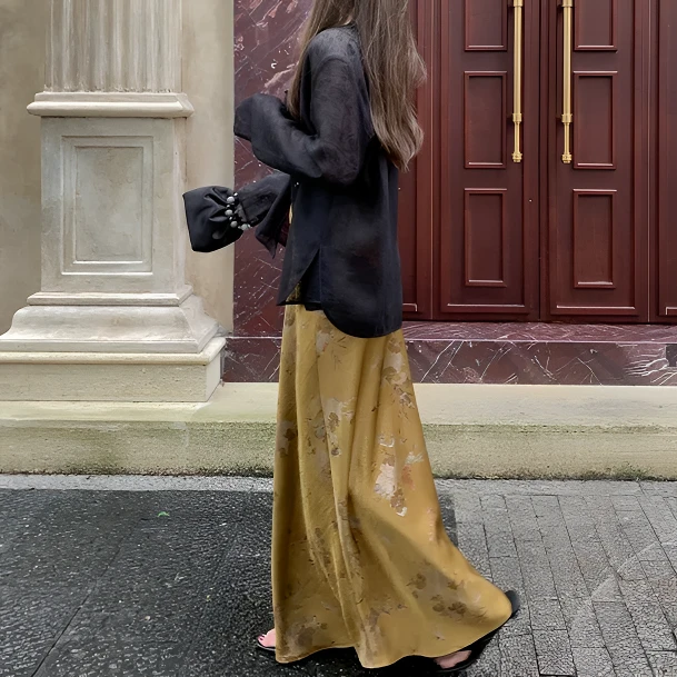 新中式国风醋酸缎面半身裙女夏季新款垂坠感高腰显瘦a字中长裙子