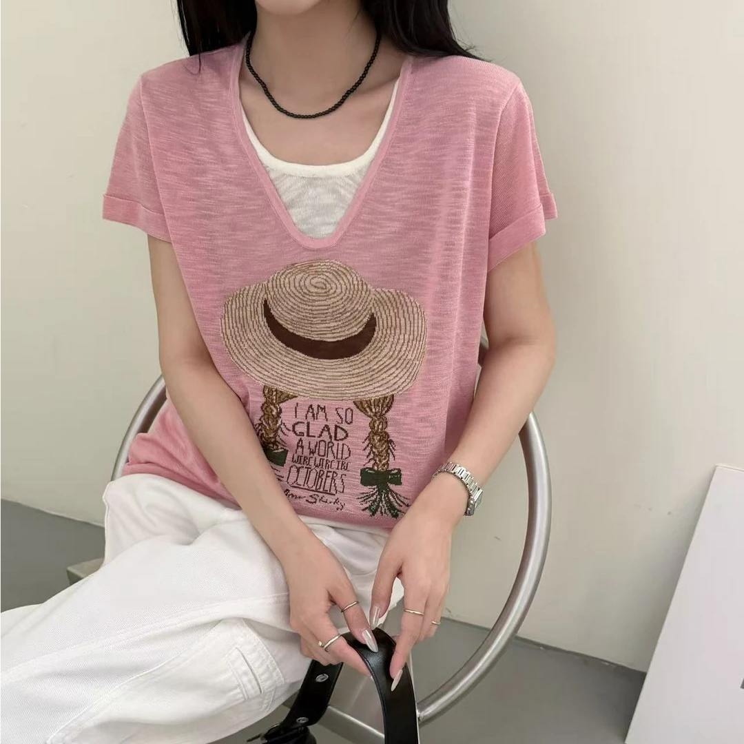 夏季时尚洋气高级感轻薄短袖拼印花夏季高级感252358
