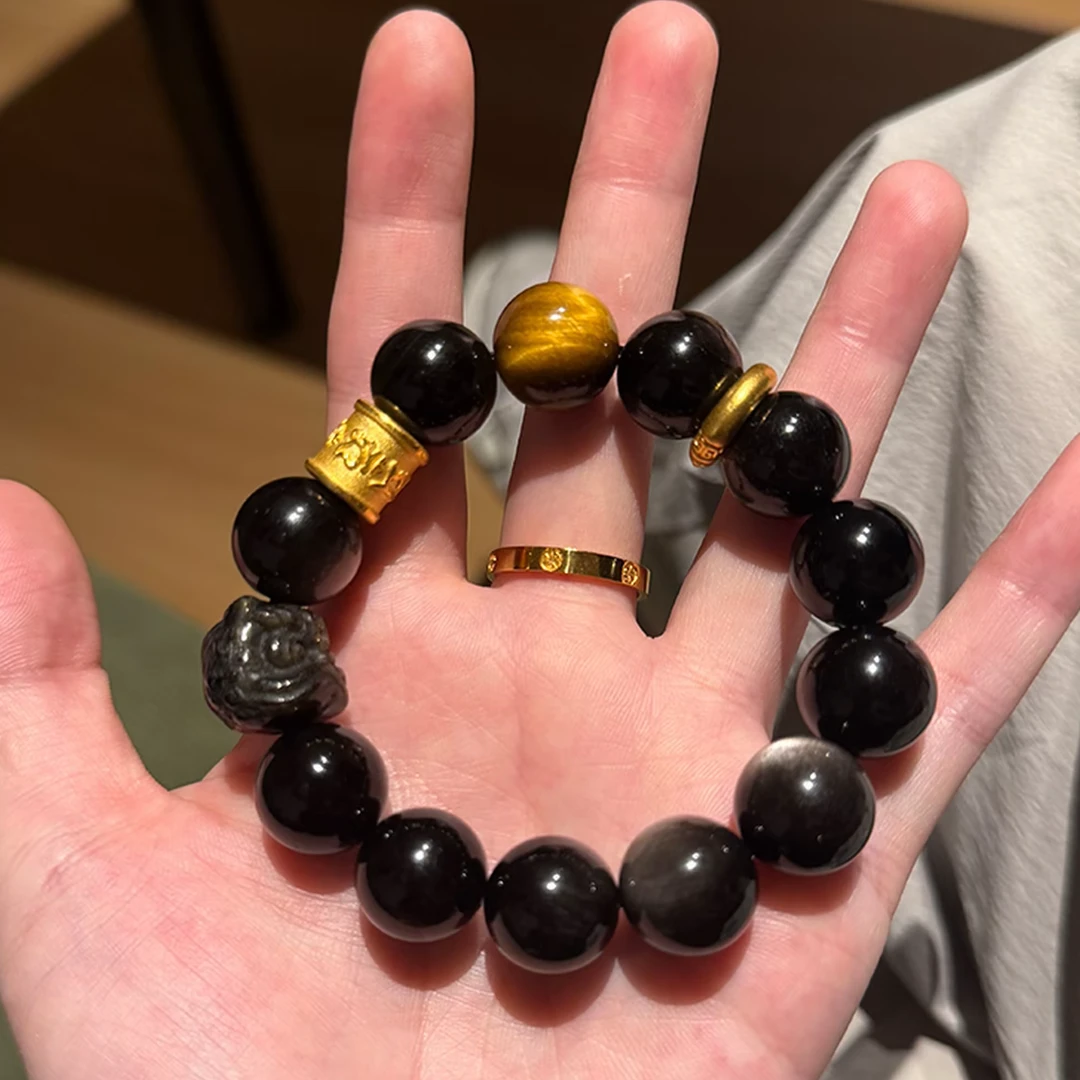 貔貅手链男女情侣款天然黑曜石手串彩虹眼虎眼石男生日礼物送
