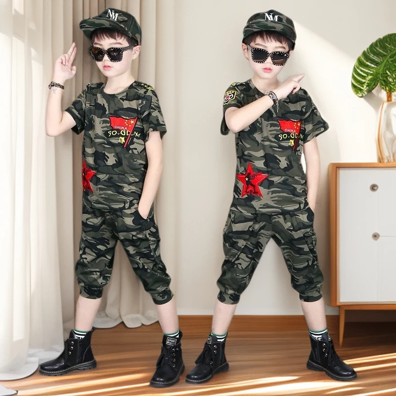儿童装男童夏装套装2025新款短袖休闲夏季男孩短裤6儿童迷彩训服9