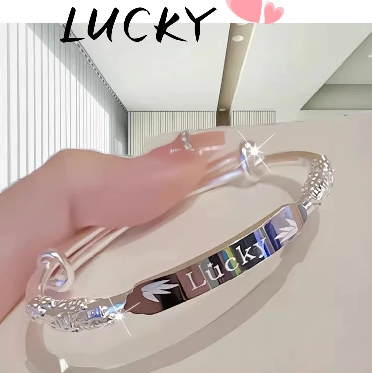 足银手镯 9999纯银手镯女款繁花幸运实心LUCKY足银镯子送女友礼物