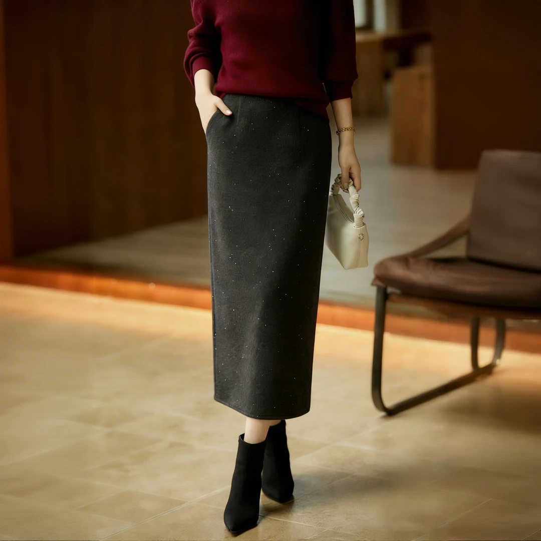 绵羊毛混纺直筒裙女2025冬季新款气质设计感亮片开衩女士半身裙