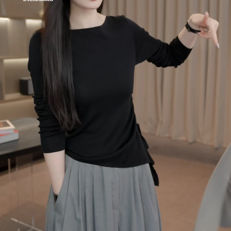 2025春季新款一字领侧边荷叶边抽皱开叉长袖针织衫LK2501982