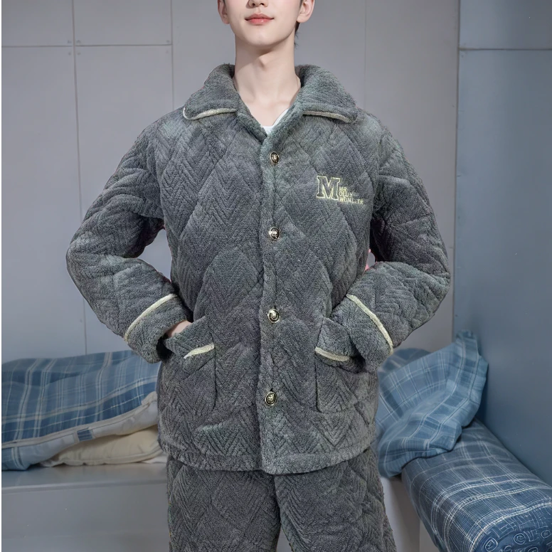 男士冬季三层加棉加厚加绒保暖中青年特厚巨厚家居服套装睡衣2025