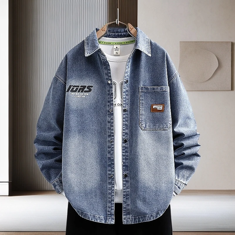 外套男士穿搭春秋季新款青少年男款港风潮流牛仔夹克宽松学生衬衫
