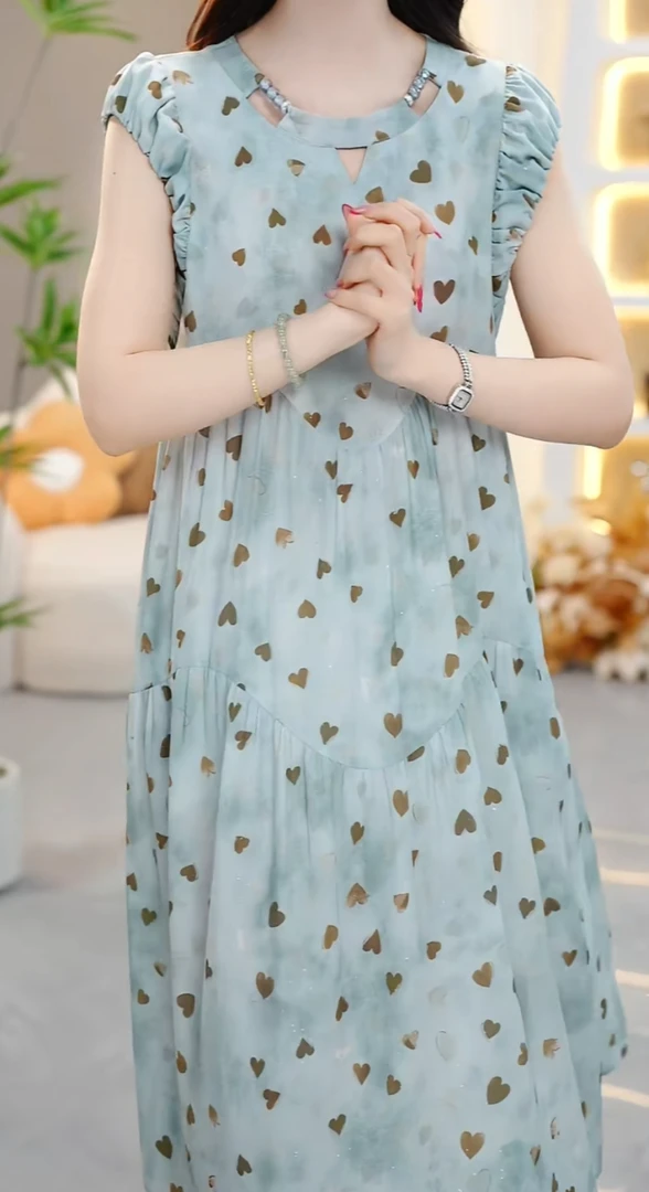 夏季新款时尚优雅减龄显瘦气质中长款收腰印花修身连衣裙