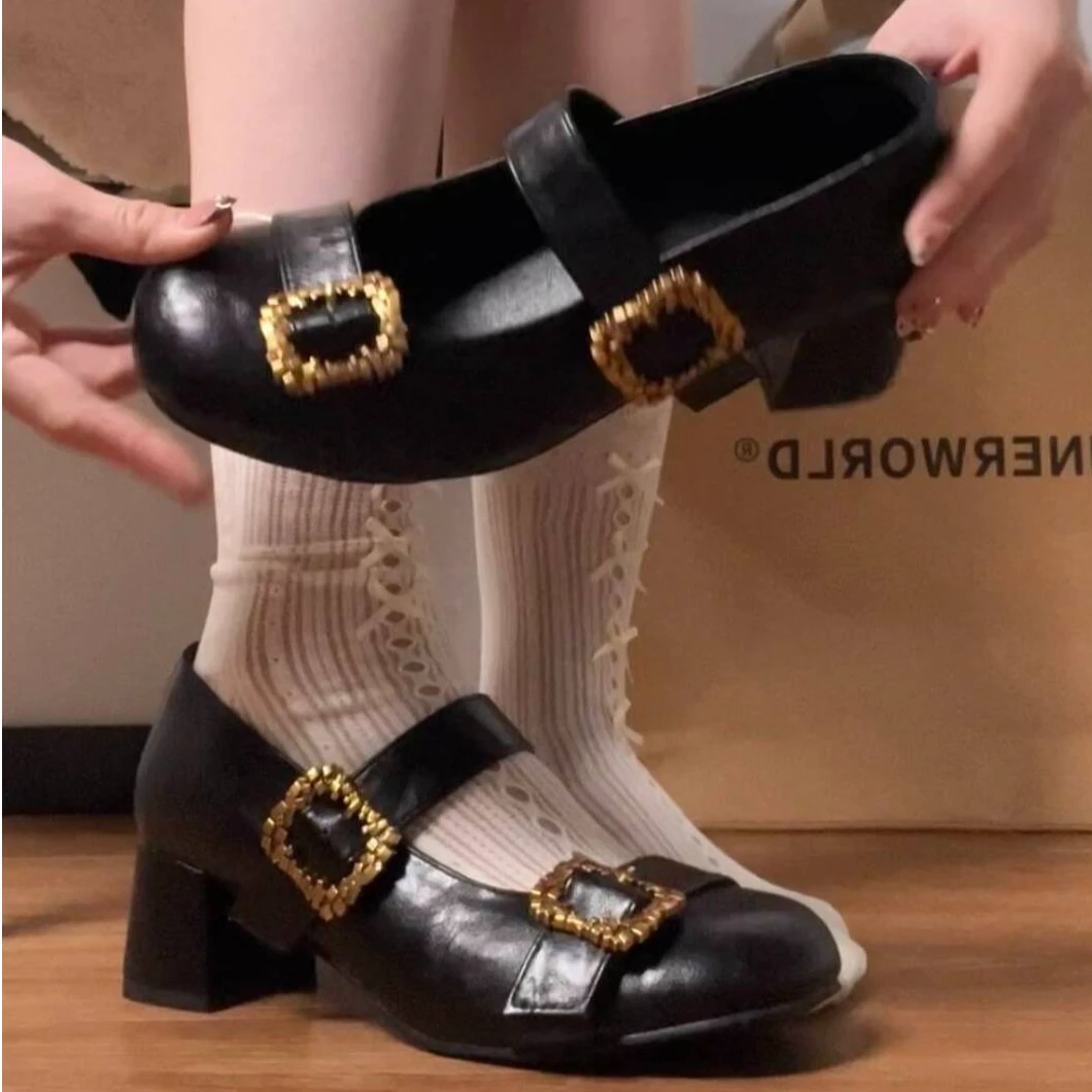 4cm粗跟宫廷风软底玛丽珍小皮鞋复古双扣金属百搭浅口法式单鞋