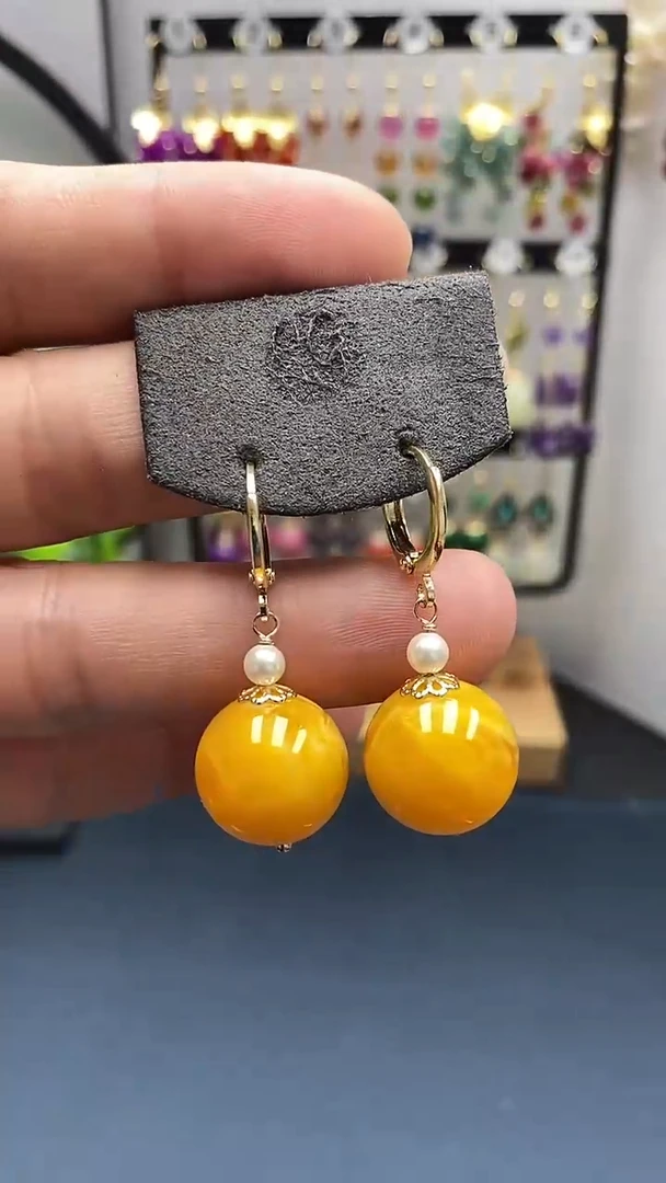 【闪购商品】蜜蜡耳饰银S925镀金镶嵌尺寸16mm耳扣06