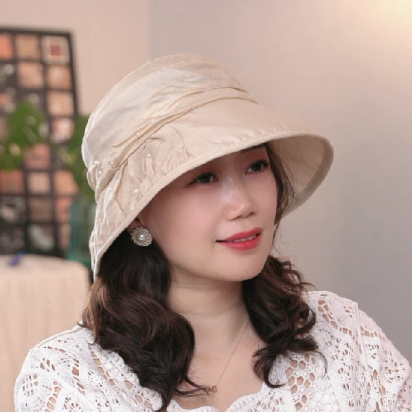 新款春夏渔夫帽珍珠点缀网纱褶皱出游气质显脸小优雅百搭遮阳帽女