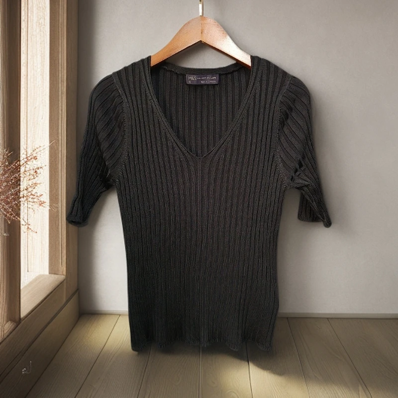 进口VISCOSE纱线  休闲百搭黑色竖条纹V领弹力针织短袖百搭