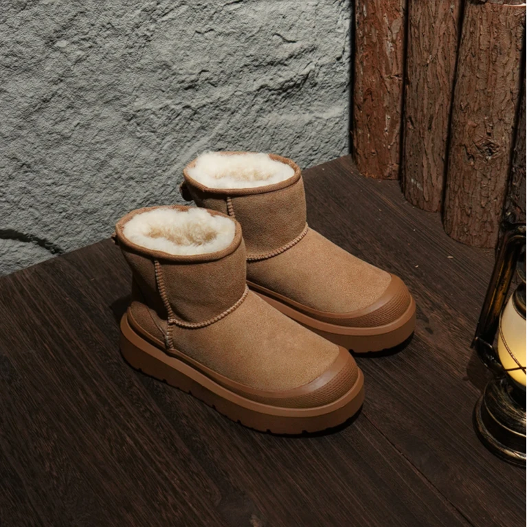 真皮圆头加绒雪地靴女复古风厚底保暖短靴W2480330B-21