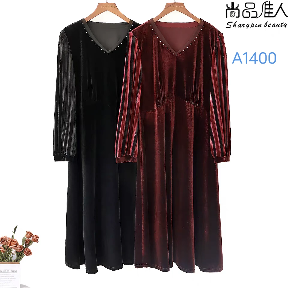 A1400套头H型裙V领天鹅绒连衣裙秋冬时尚优雅妈妈装轻奢百搭裙子