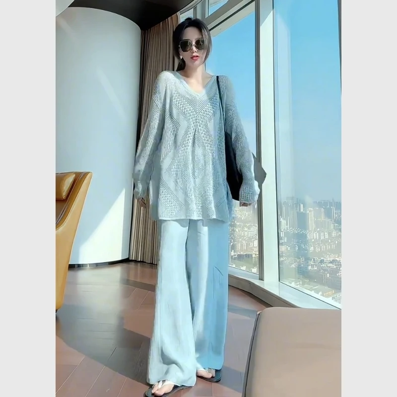 2025超火夏装一整套气质巨好看的大方得体穿搭蓝色上衣女套装