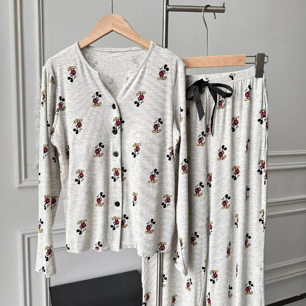 【 米奇开衫长袖】带胸垫可外穿秋冬女士莫代尔长裤睡衣套装