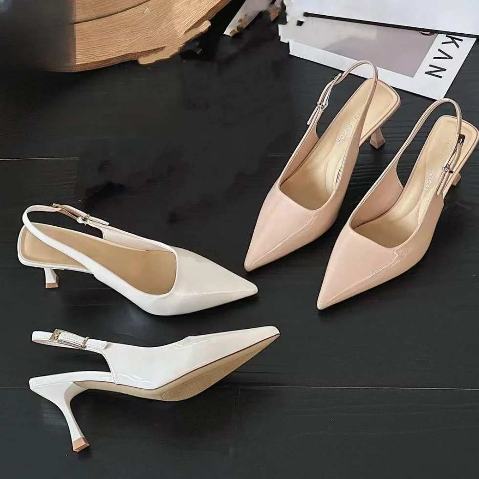 大姚家女鞋【小金条】5.5cm裸色高跟鞋细跟漆皮尖头后空凉鞋68279