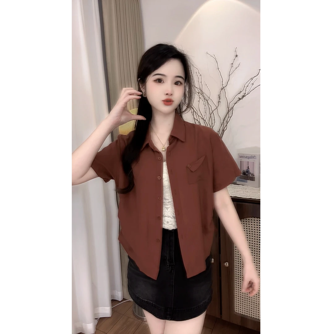 2025夏季新款韩版时尚百搭显瘦遮肚子休闲短袖显瘦衬衣女款宽松