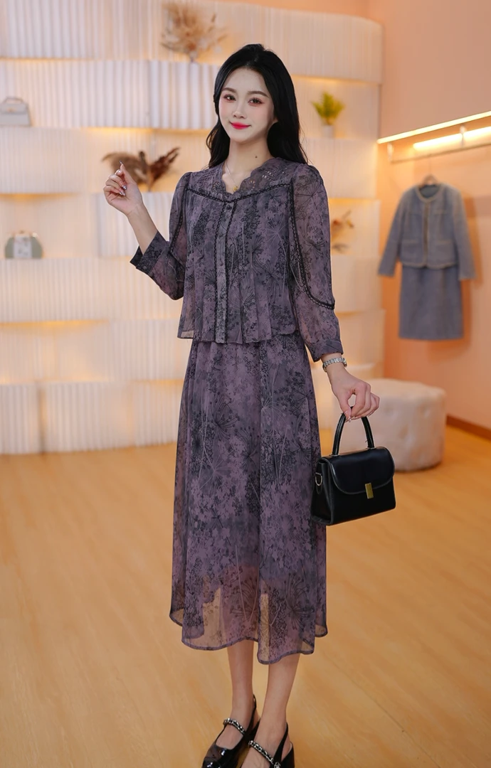 2025春夏季新款优雅气质修身显瘦轻奢假两件休闲印花连衣裙女