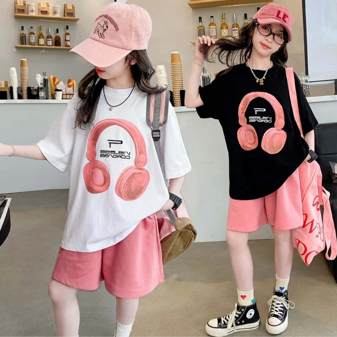 一家三口亲子装圆领母女装两件套中大童短袖9-12岁高档女大童衣服