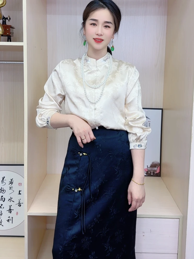 【婉约】新中式国风衬衫女士气质四季长袖立领休闲衬衣百搭上衣