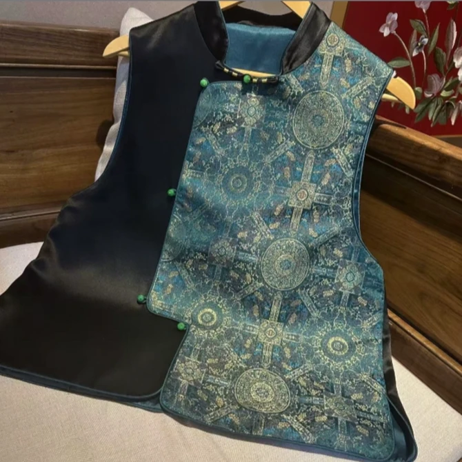 吉祥 芳华设计新中式复古醋酸马甲国风醋酸拼接马甲