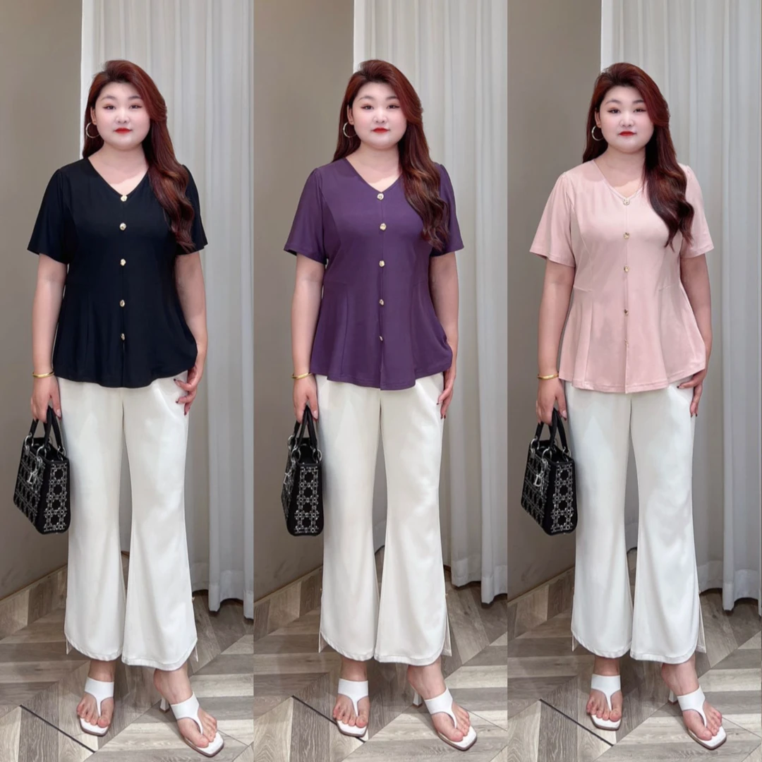 上衣【悦林大码】PMM82017夏季新款简约纯色气质V领收腰上衣