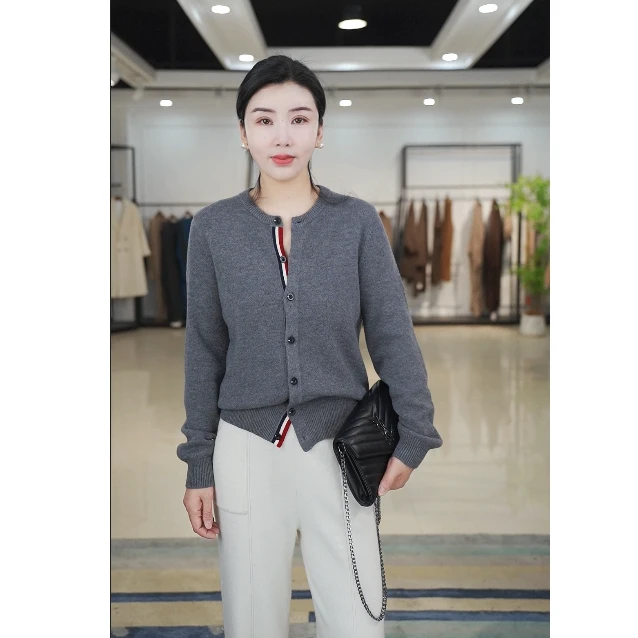 （彩条襟）100%纯羊毛衫女士开衫圆领加厚长袖针织外套 960