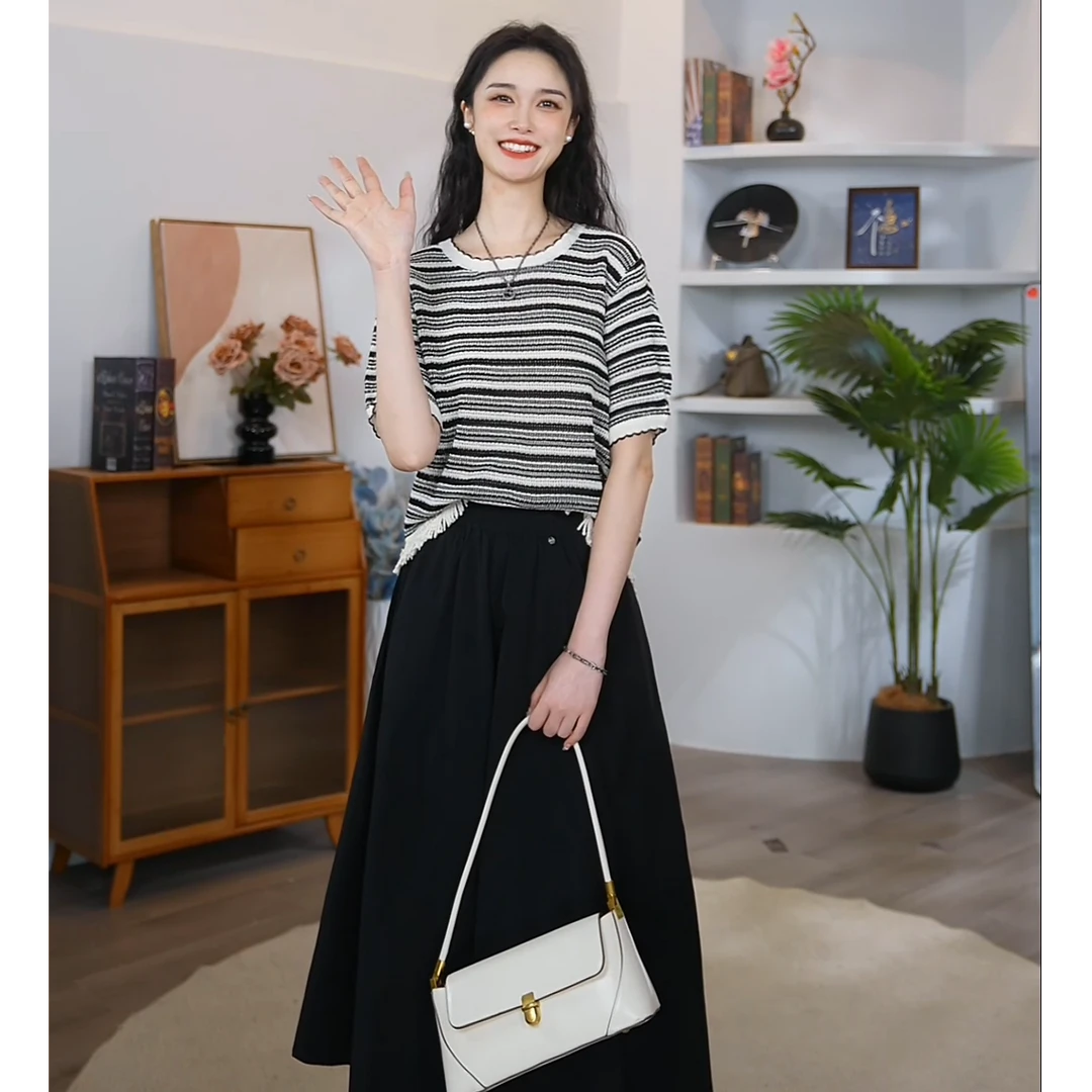 【曼贝】宽松型女短袖毛针织衫百搭时尚休闲针织衫8542823【小雪】