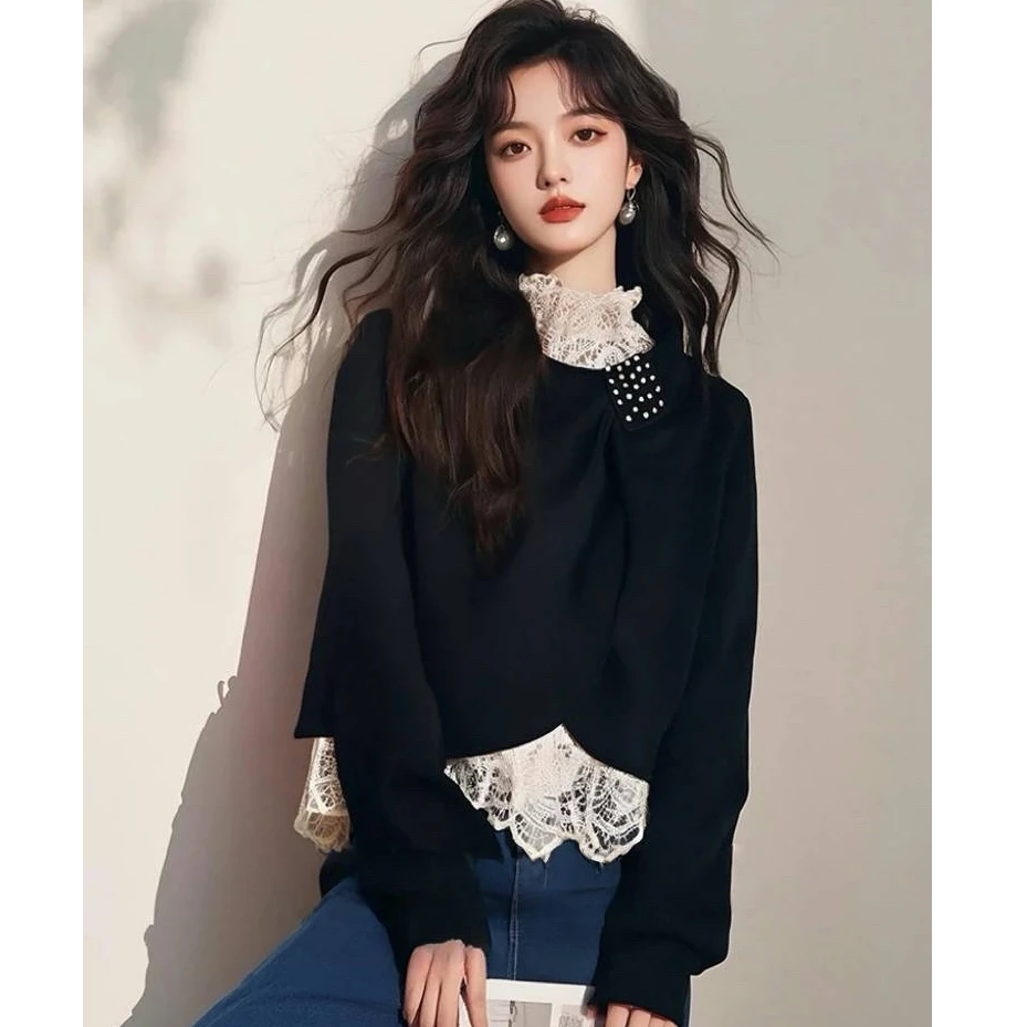 黑色蕾丝拼接假两件卫衣2025超火韩系慵懒风洋气独特别致漂亮上衣