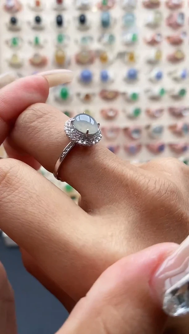 【闪购商品】翡翠戒指银S925镶嵌缅甸天然A货翡翠111  7+8