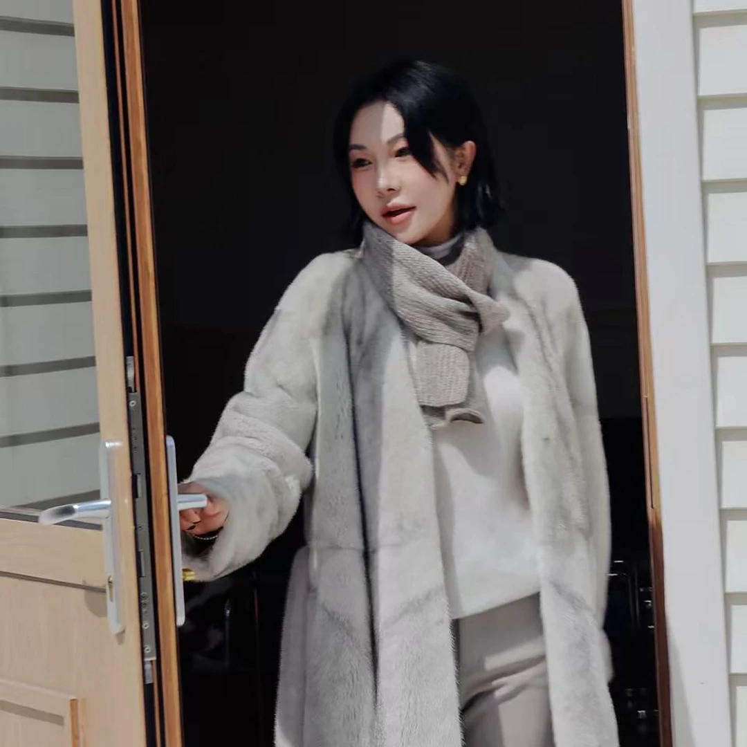 PENNYPENG 典藏 黑标系列高奢静奢老钱V领收腰系带水貂毛皮外套